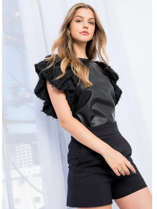 THML Tops - THML Black Faux Leather Flutter Sleeve Top